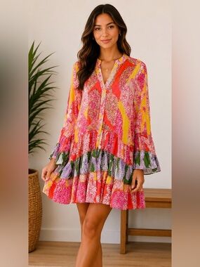 POL beaded tiered babydoll dress with ruffle sleeves - Size Small NWOT